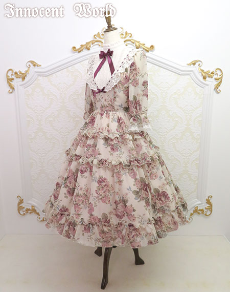 Innocent World 　薔薇と苺のドールワンピース　グリーン×生成　L Innocent World 薔薇と苺のドールワンピース グリーン×生成 L