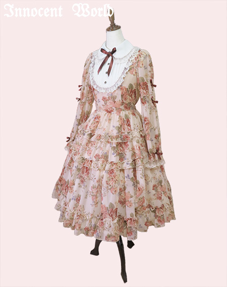 【最終価格】ローズシフォン丸衿ドレス　ピンク×ボルドー