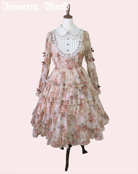 ローズシフォン丸衿ドレスRose Chiffon Round Collar Dress