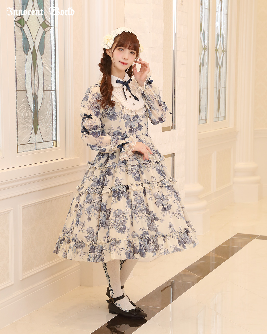 【期間限定出品】Innocent World ローズシフォン丸衿ドレス Lサイズ Innocent World｜ローズシフォン丸衿ドレス(World Editionサイズ)(受注